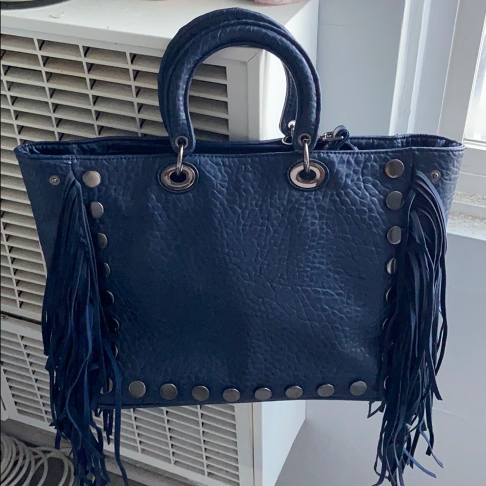 Dark Blue Boho Leather Tote Bag (w/ fringes) Large